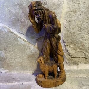 VTG 1975 Hand Carved Olive Wood Statue Man Sheep Shepherd 15" Old City Jerusalem